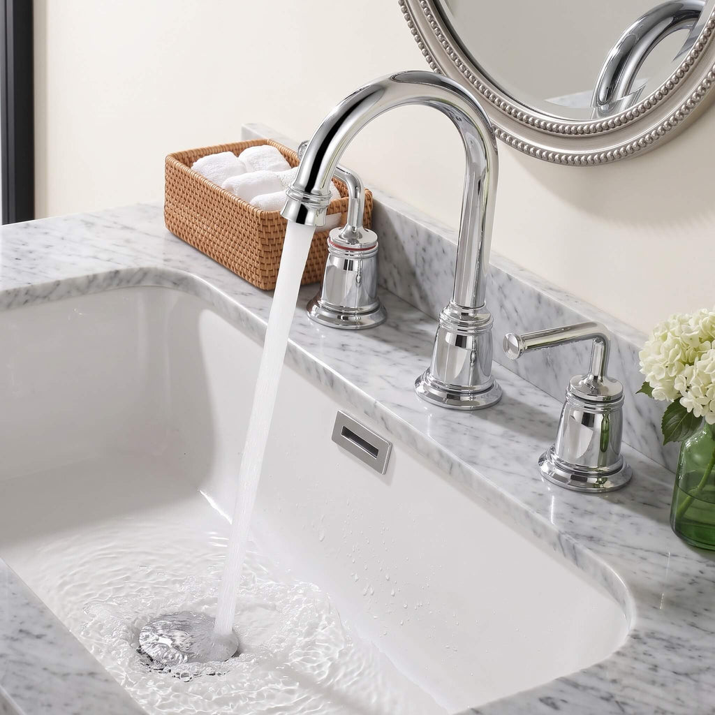360° Swivel Gooseneck Widespread Bathroom Sink Faucet with Drain