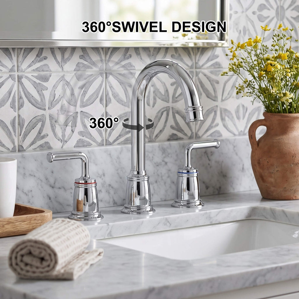 360° Swivel Gooseneck Widespread Bathroom Sink Faucet with Drain