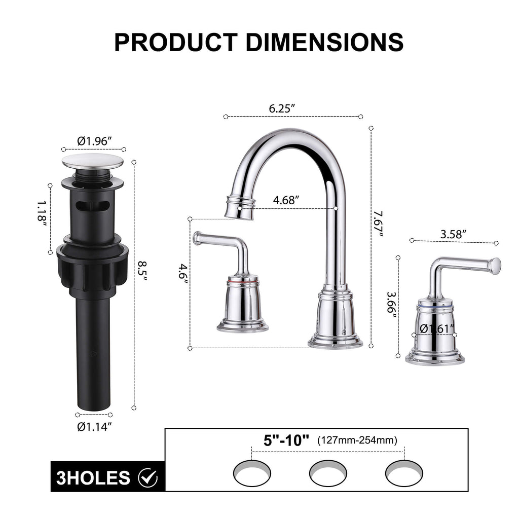 360° Swivel Gooseneck Widespread Bathroom Sink Faucet with Drain