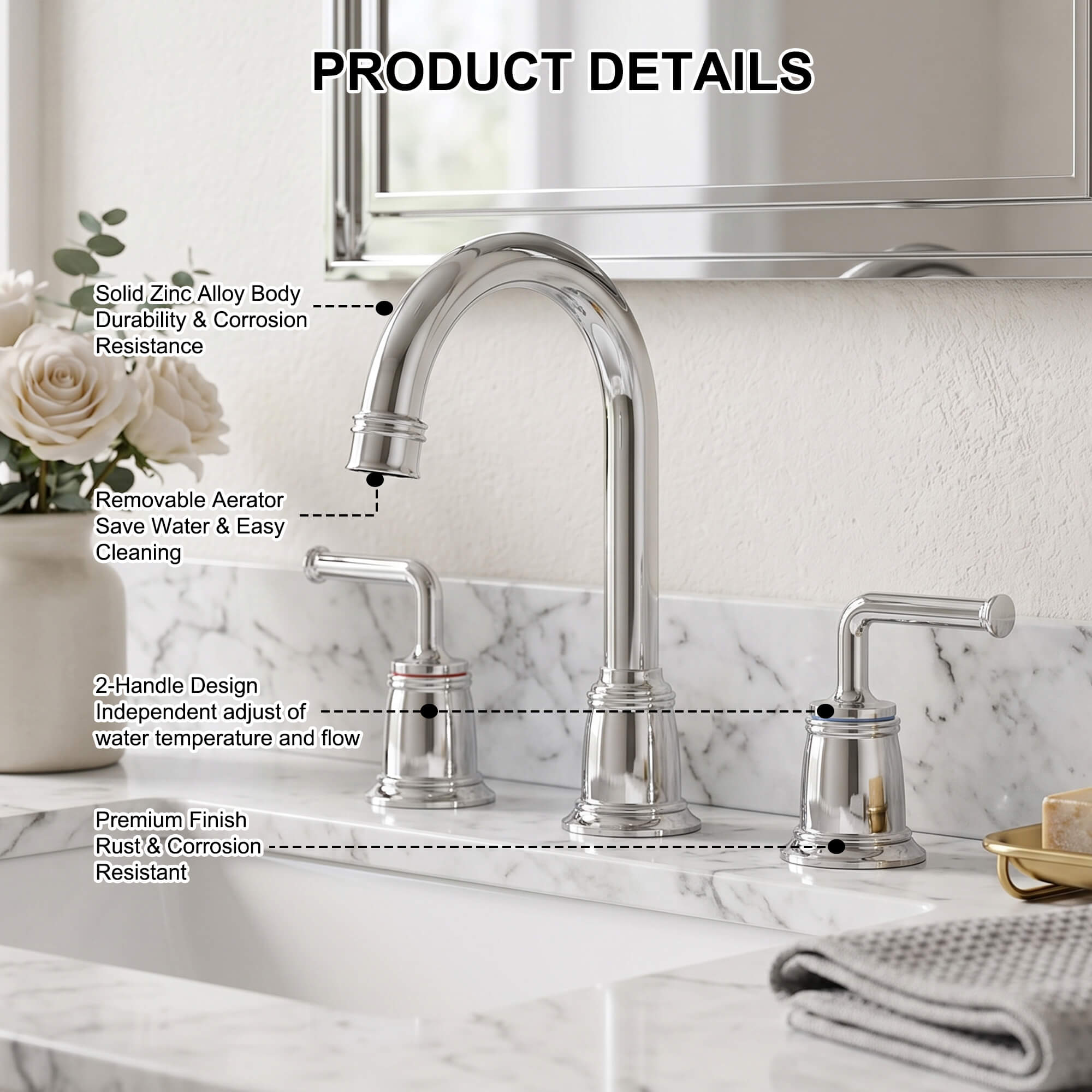 360° Swivel Gooseneck Widespread Bathroom Sink Faucet with Drain