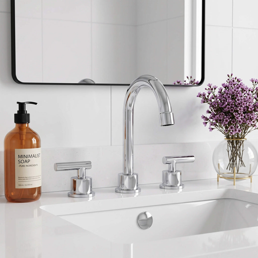 360° Swivel Gooseneck 3-Hole Widespread Bathroom Sink Faucet with Drain