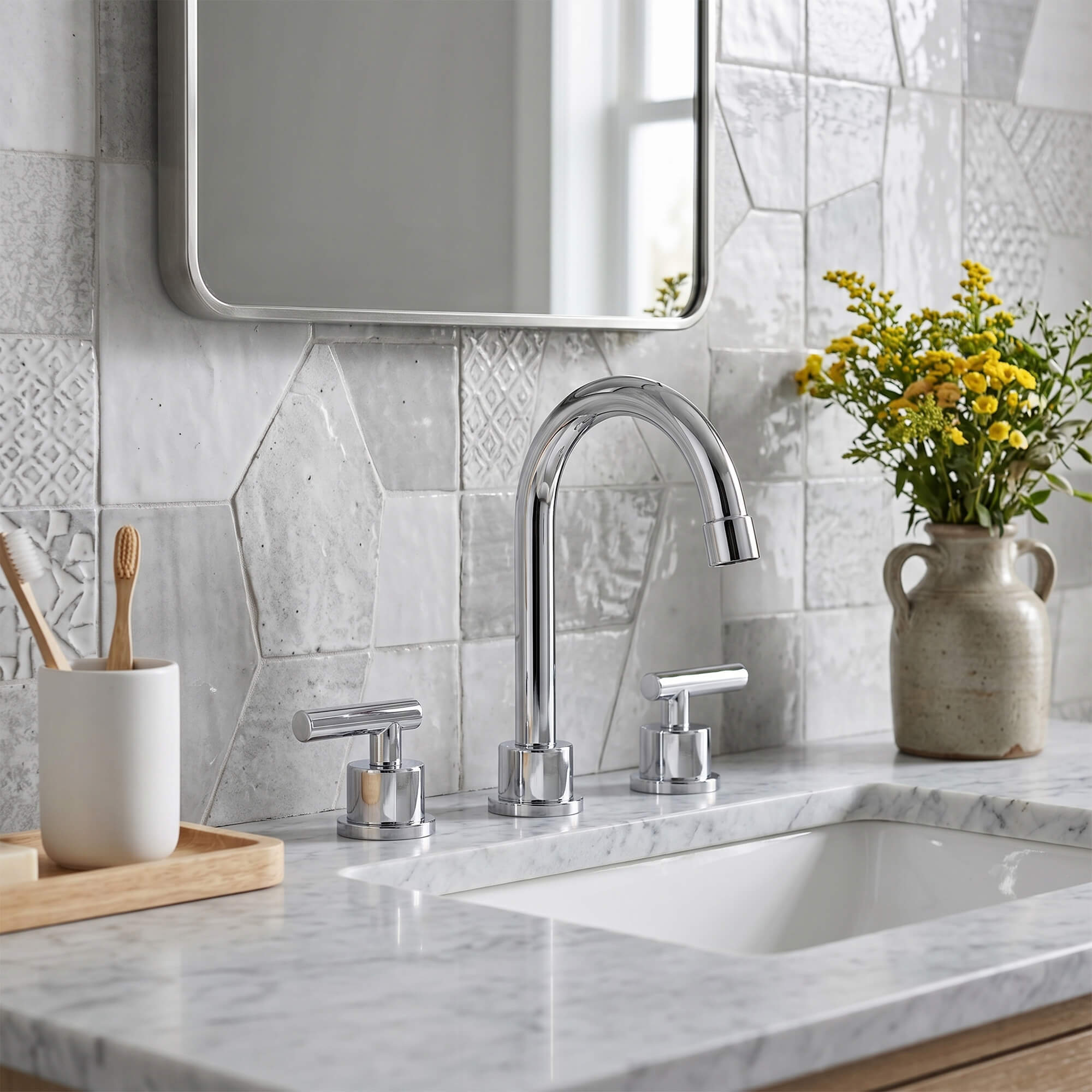 360° Swivel Gooseneck 3-Hole Widespread Bathroom Sink Faucet with Drain