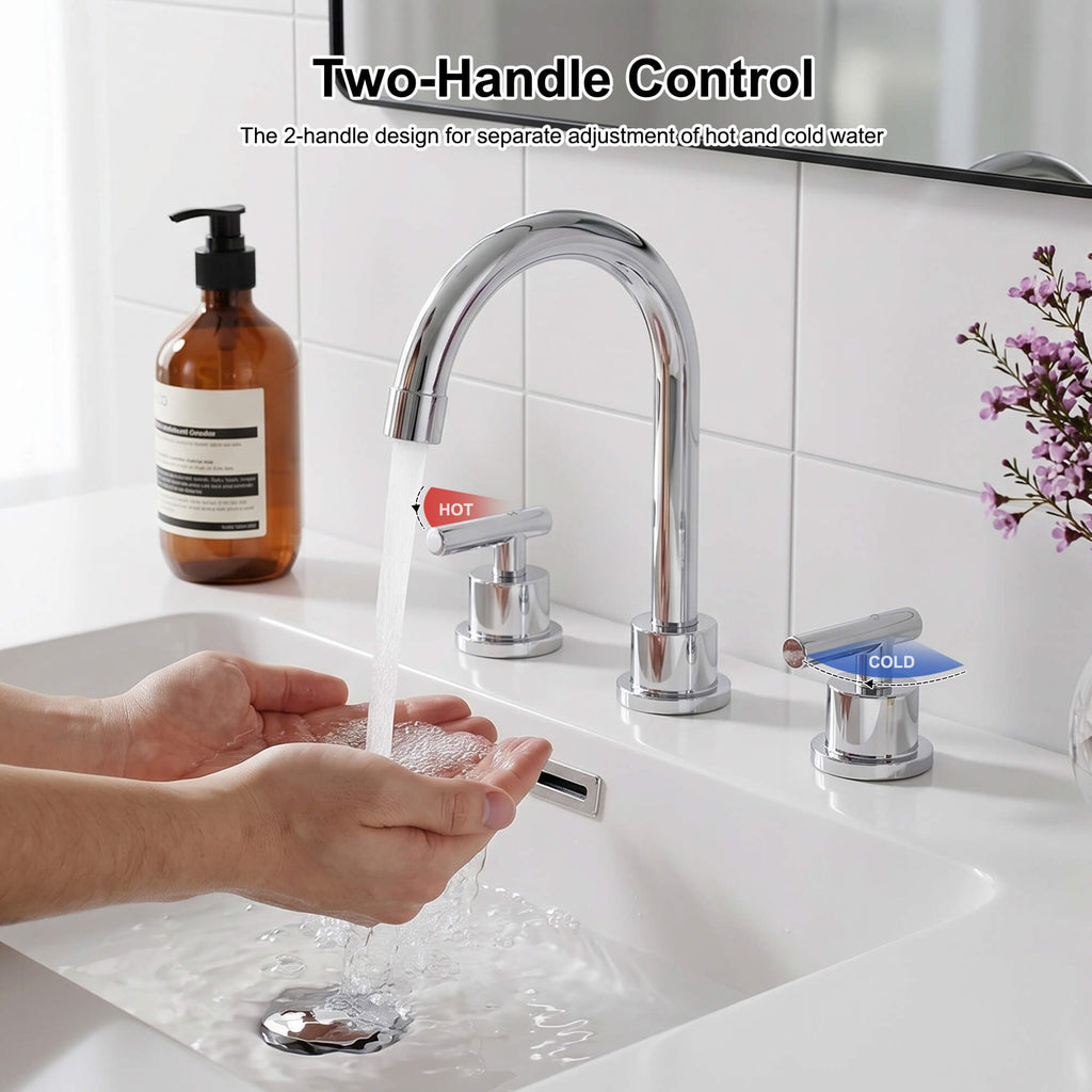360° Swivel Gooseneck 3-Hole Widespread Bathroom Sink Faucet with Drain