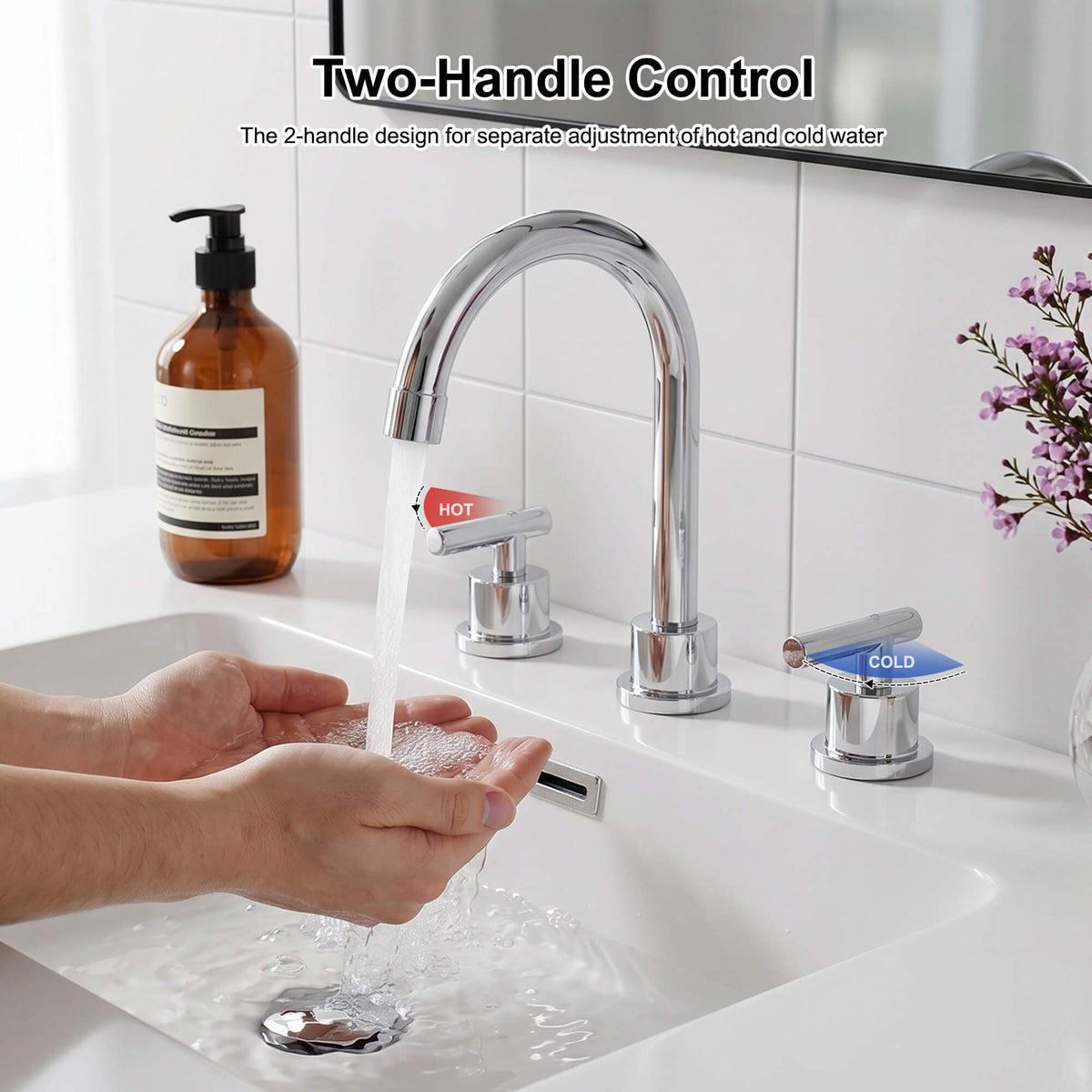 360° Swivel Gooseneck 3-Hole Widespread Bathroom Sink Faucet with Drain