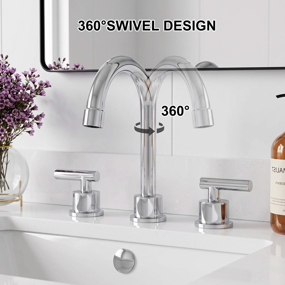 360° Swivel Gooseneck 3-Hole Widespread Bathroom Sink Faucet with Drain