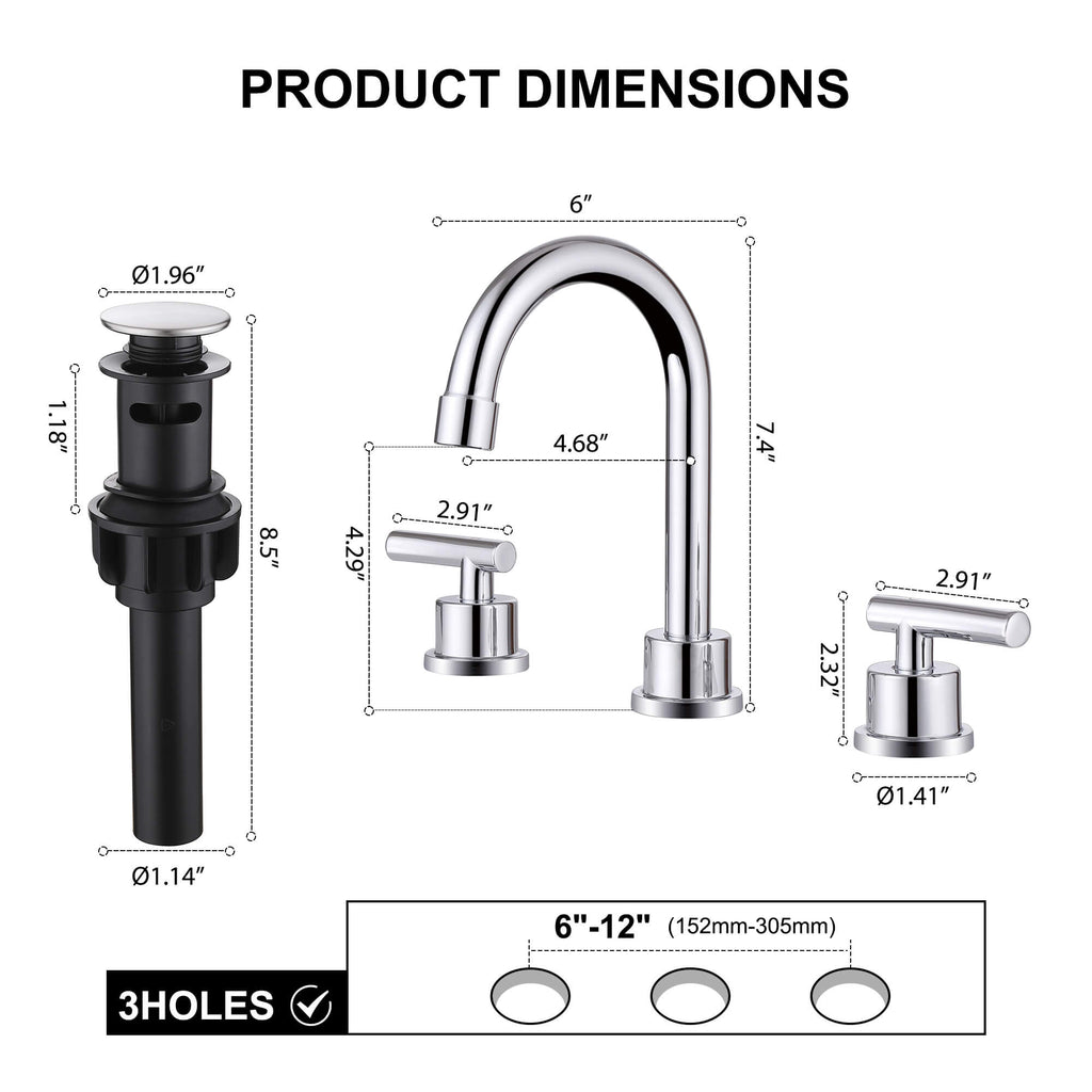 360° Swivel Gooseneck 3-Hole Widespread Bathroom Sink Faucet with Drain