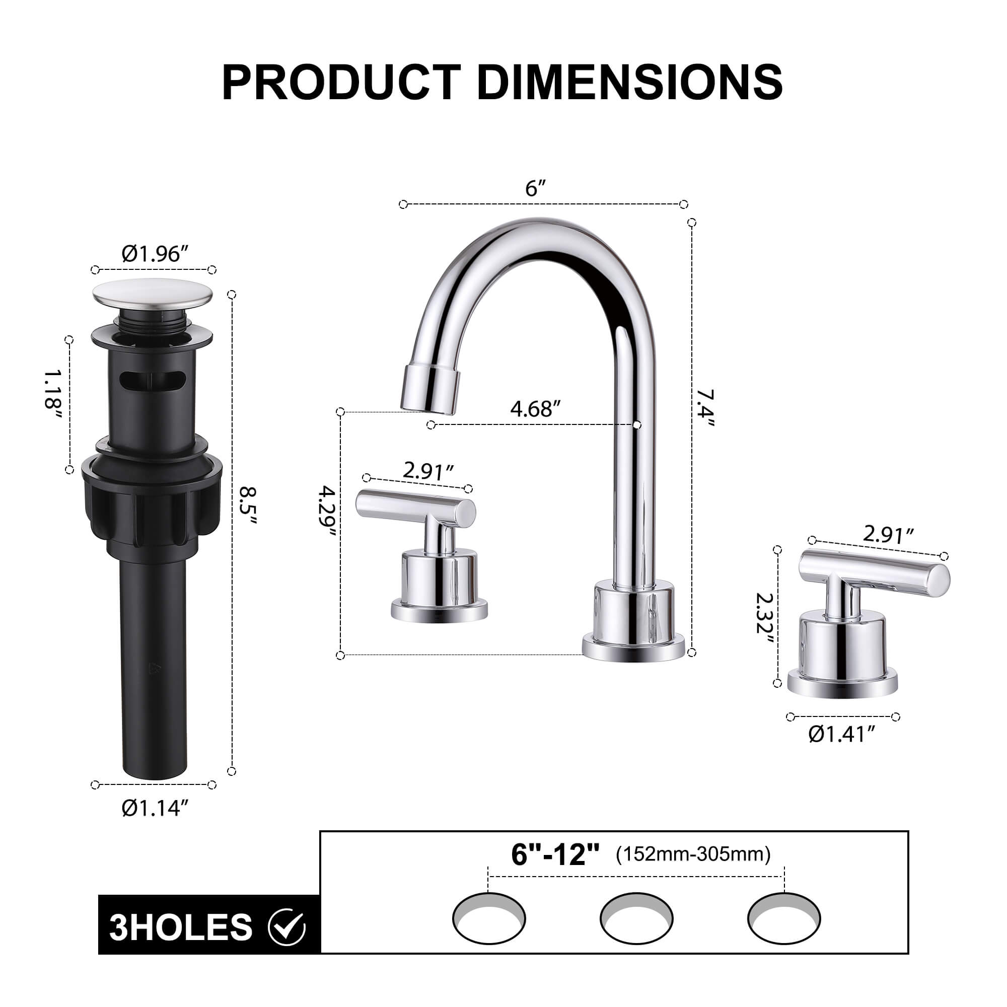 360° Swivel Gooseneck 3-Hole Widespread Bathroom Sink Faucet with Drain
