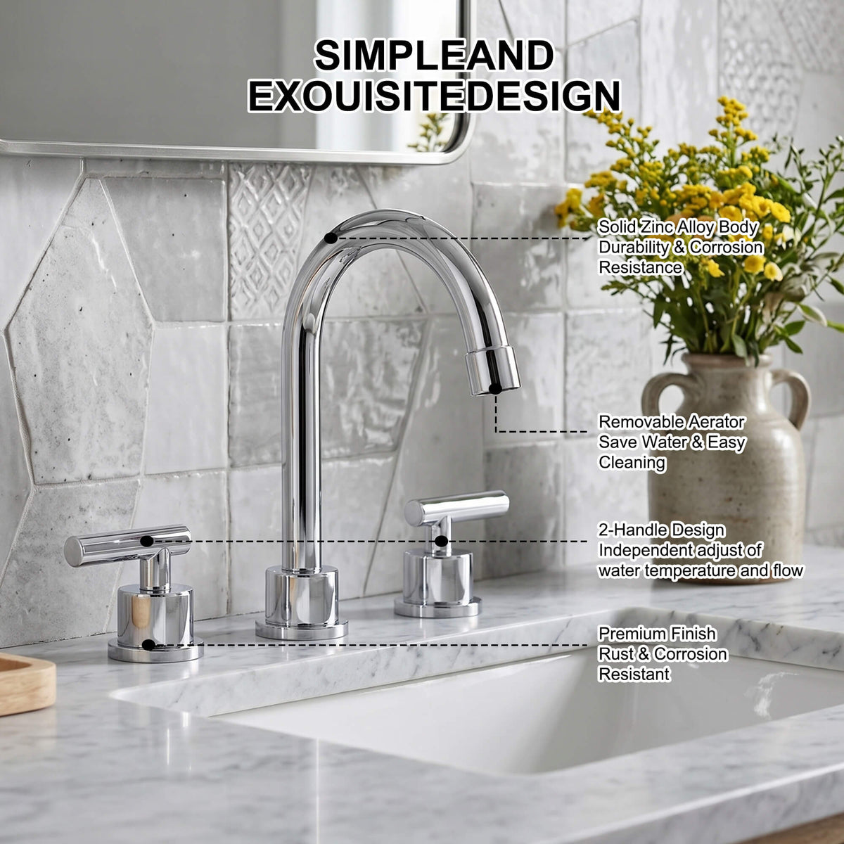 360° Swivel Gooseneck 3-Hole Widespread Bathroom Sink Faucet with Drain