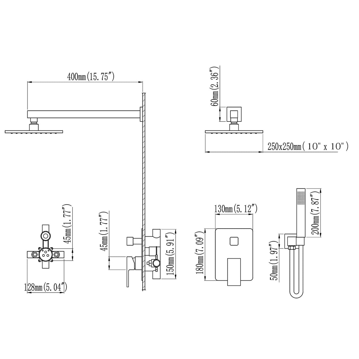 Minimalist Dual-Outlet Shower System with Ultra-Thin Square Rain Head and Linear Hand Shower