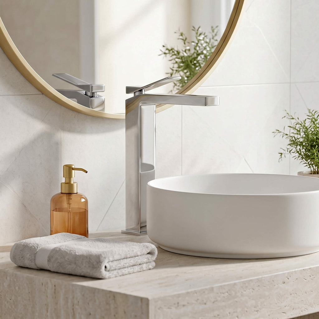 Minimalist Square Monolithic Single-Handle Tall Vessel Faucet