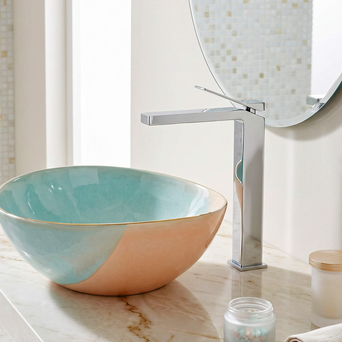 Minimalist Square Monolithic Single-Handle Tall Vessel Faucet