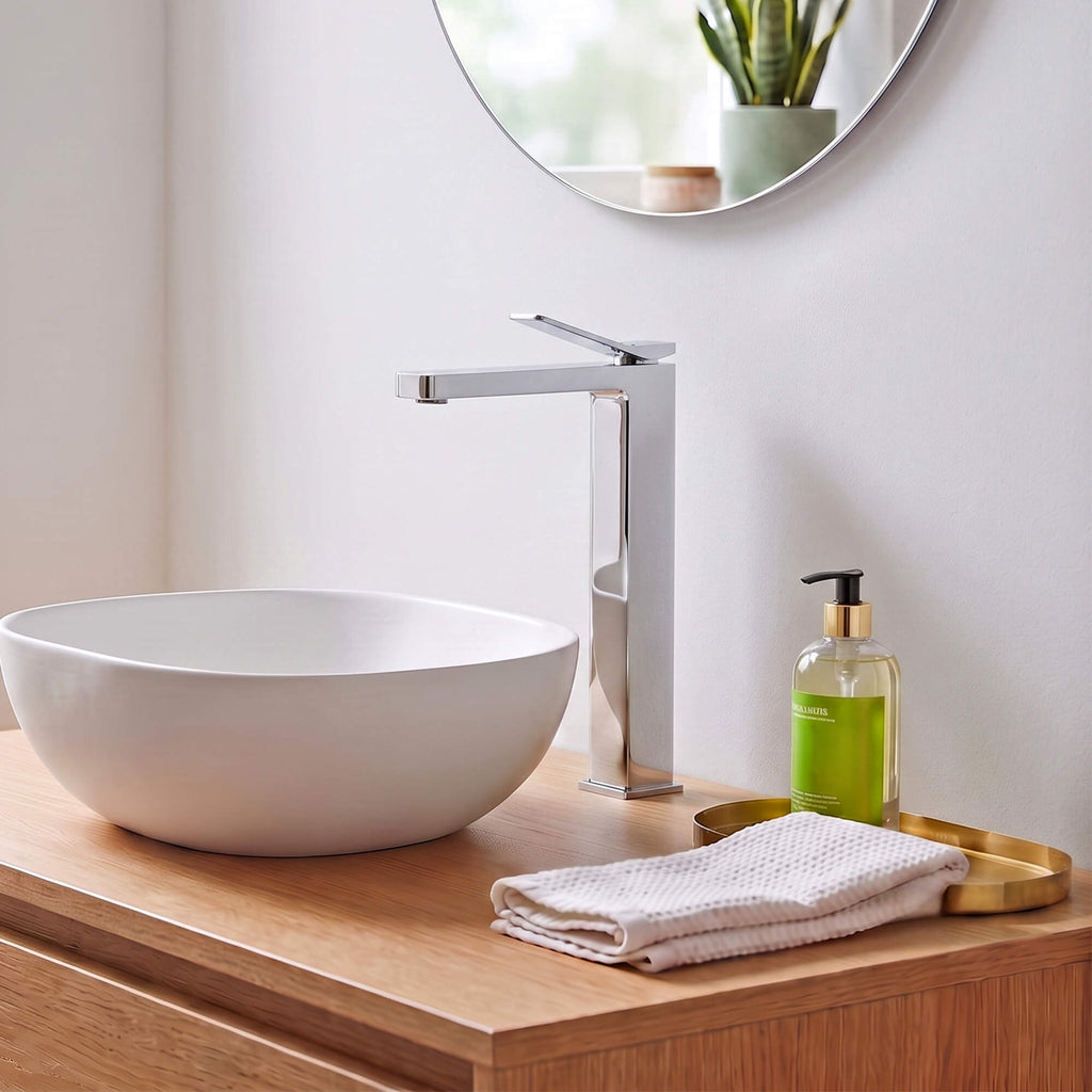 Minimalist Square Monolithic Single-Handle Tall Vessel Faucet