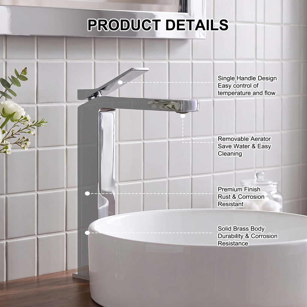 Minimalist Square Monolithic Single-Handle Tall Vessel Faucet