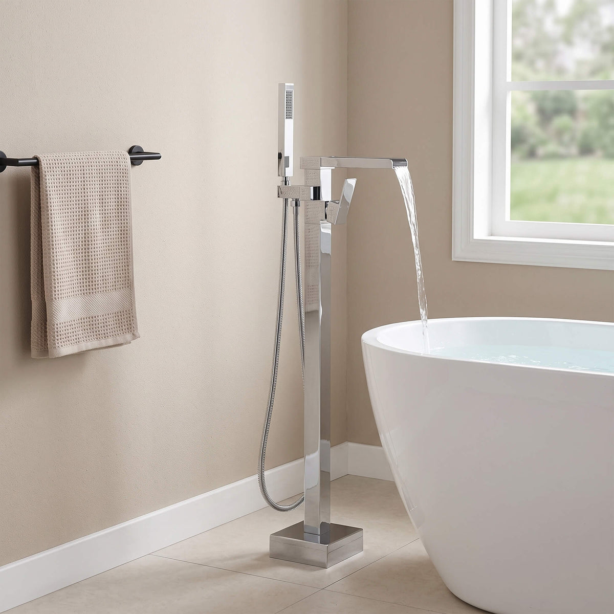 Fast-Filling Waterfall Freestanding Tub Faucet with Hand Shower