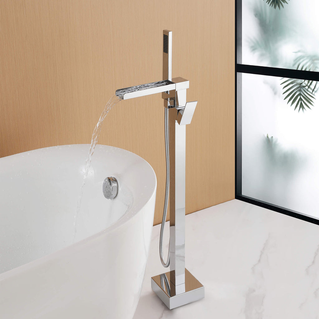 Cube Modern Solid Brass Freestanding Tub Filler Faucet with Hand Shower