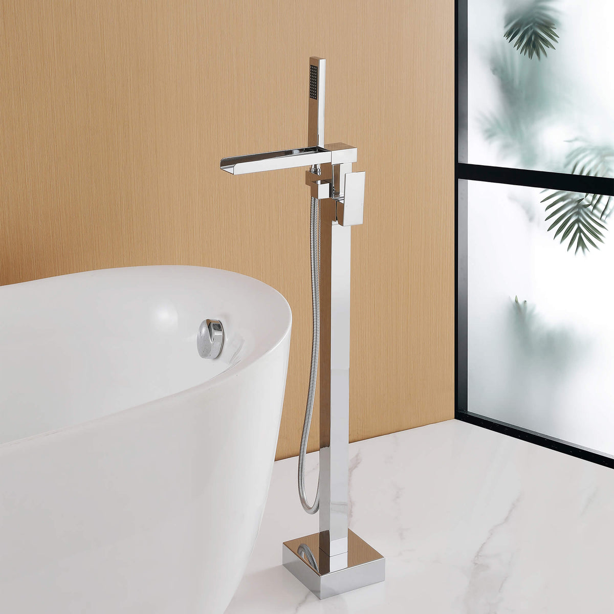 Cube Modern Solid Brass Freestanding Tub Filler Faucet with Hand Shower