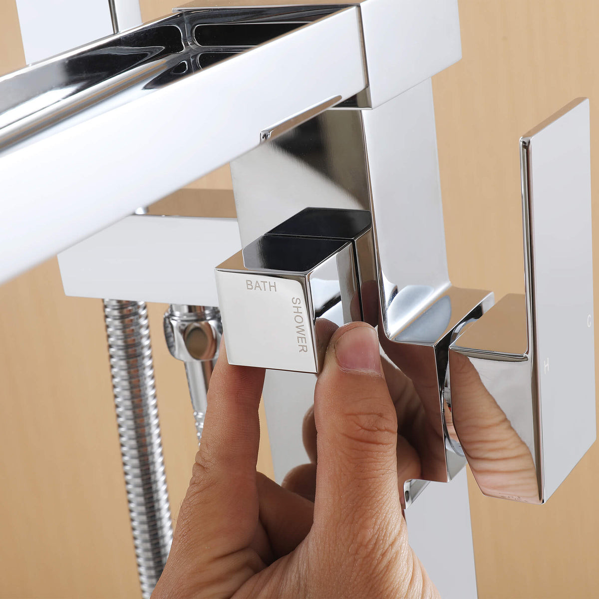 Cube Modern Solid Brass Freestanding Tub Filler Faucet with Hand Shower
