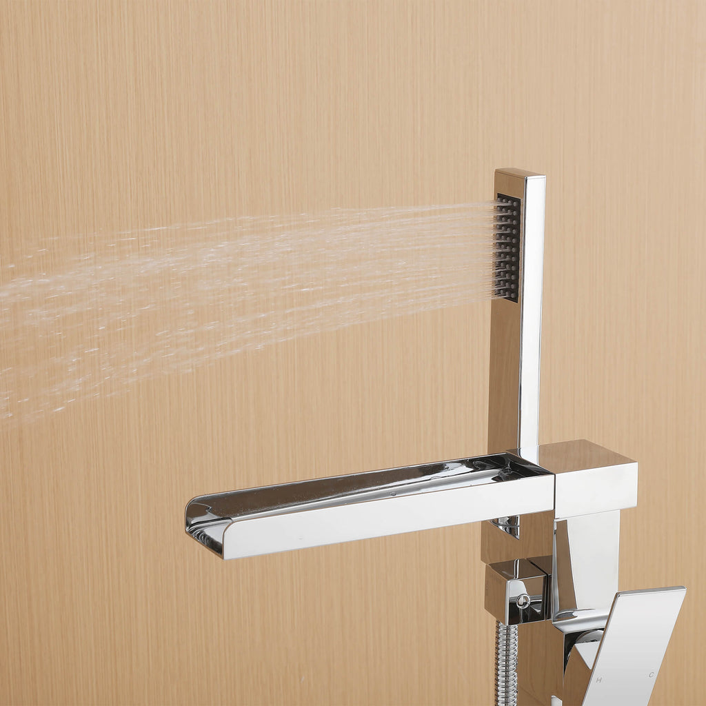 Cube Modern Solid Brass Freestanding Tub Filler Faucet with Hand Shower