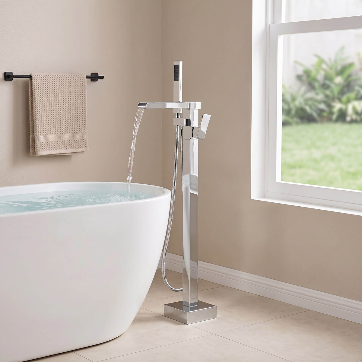 Fast-Filling Waterfall Freestanding Tub Faucet with Hand Shower