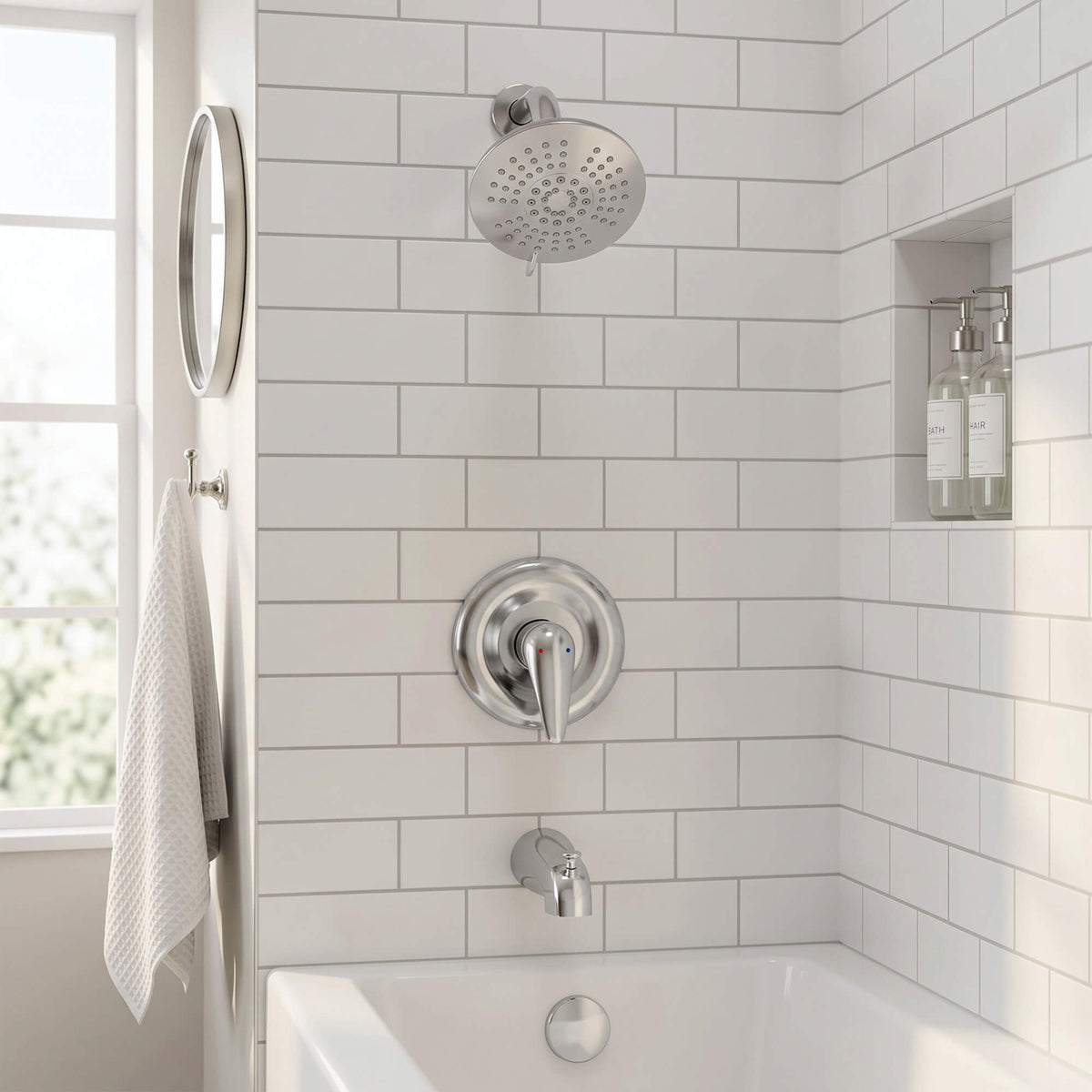Modern Round Rain Shower System with 5-Function Spray and Integrated Tub Spout