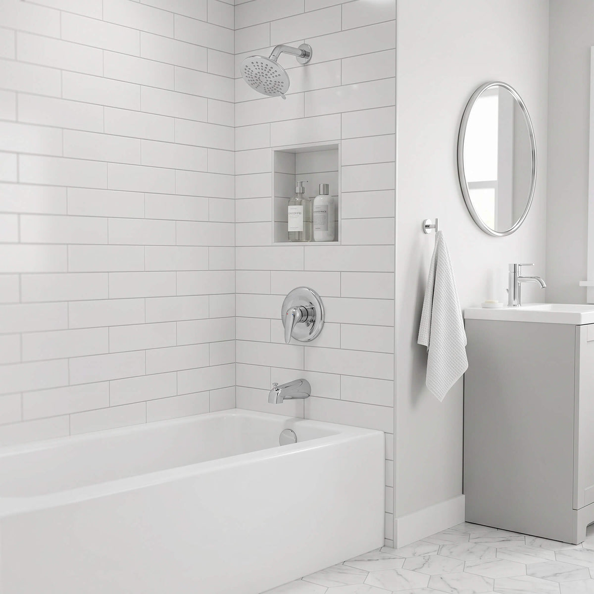 Modern Round Rain Shower System with 5-Function Spray and Integrated Tub Spout