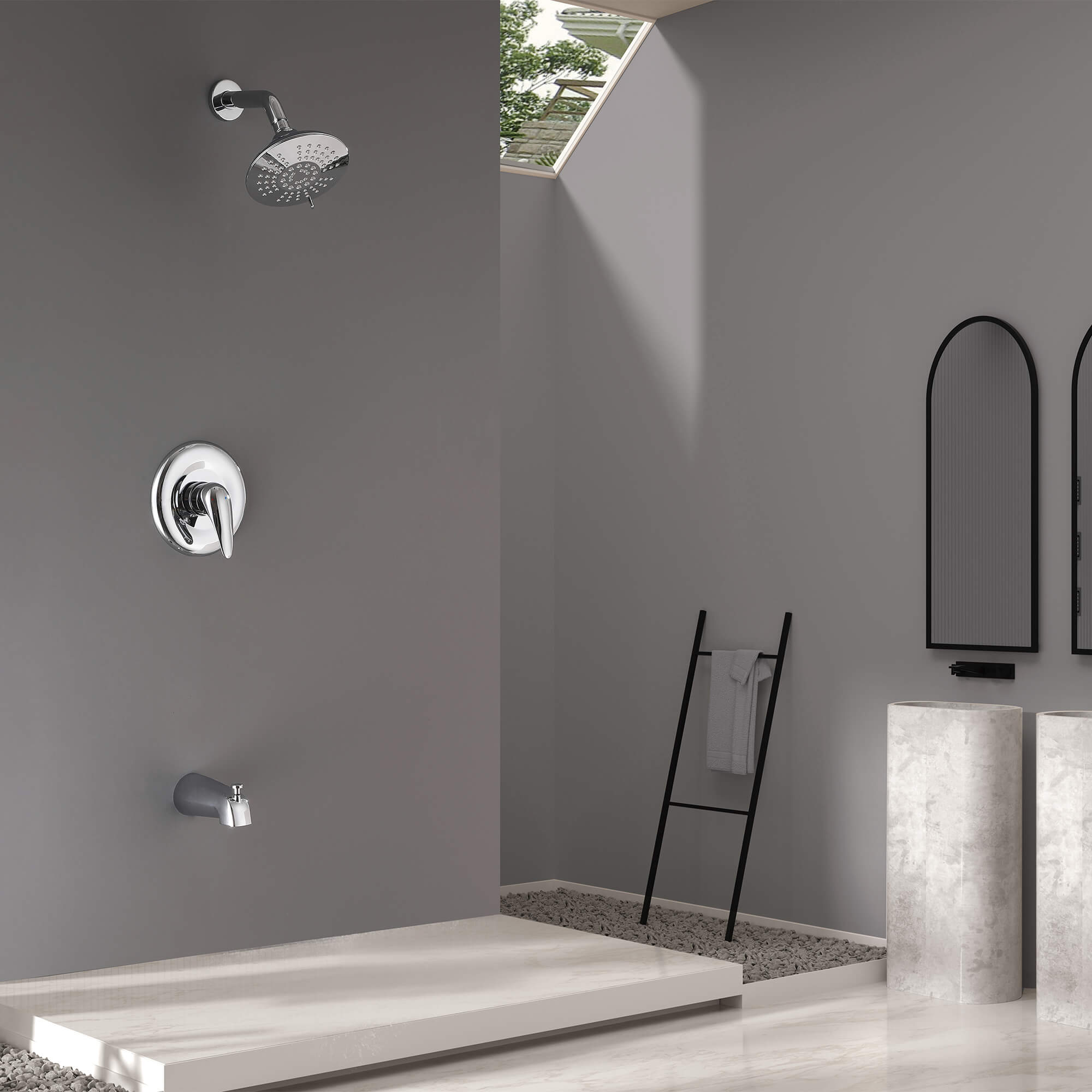 Modern Round Rain Shower System with 5-Function Spray and Integrated Tub Spout