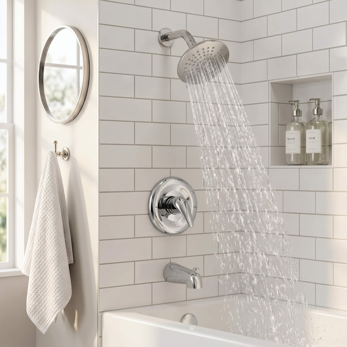 Modern Round Rain Shower System with 5-Function Spray and Integrated Tub Spout