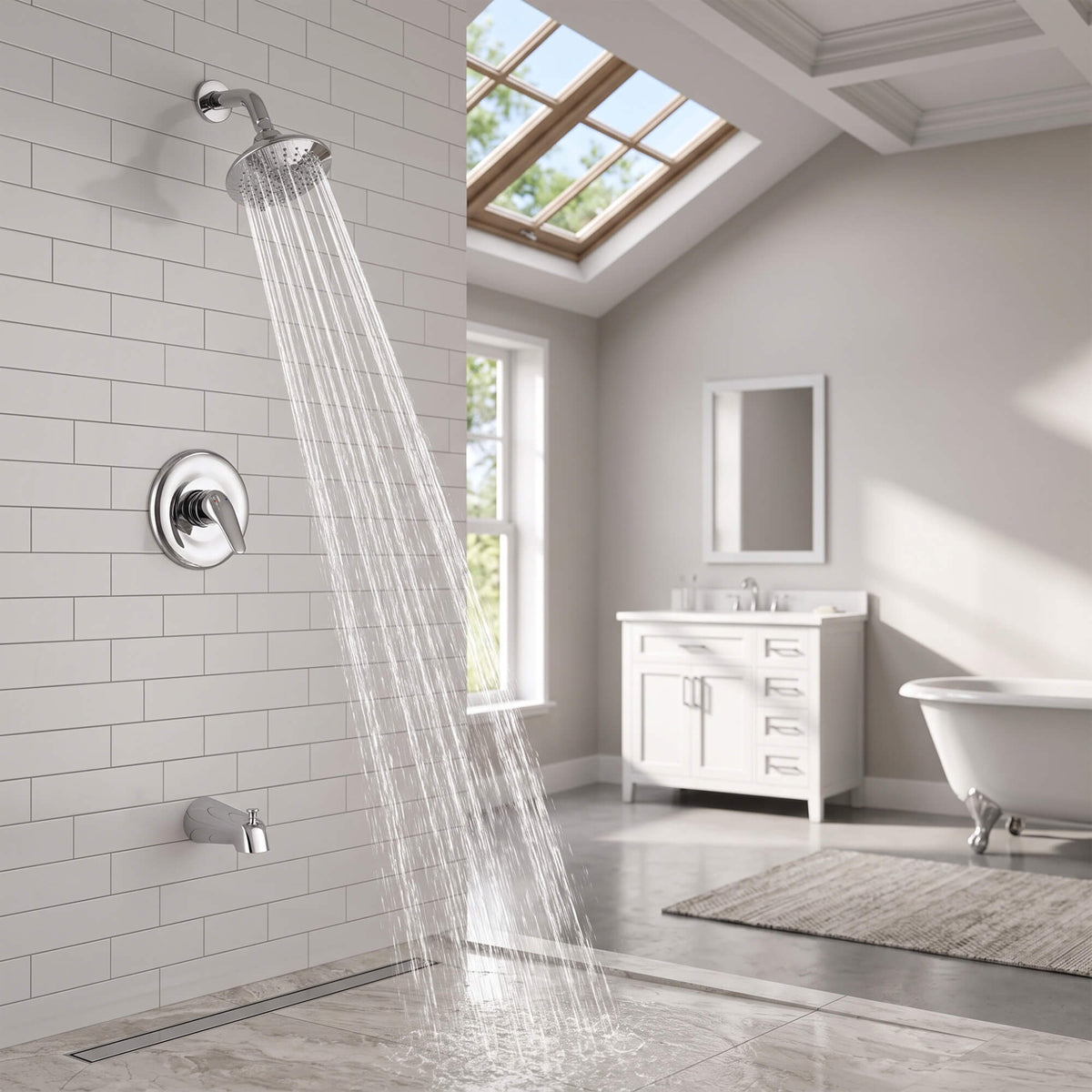 Modern Round Rain Shower System with 5-Function Spray and Integrated Tub Spout