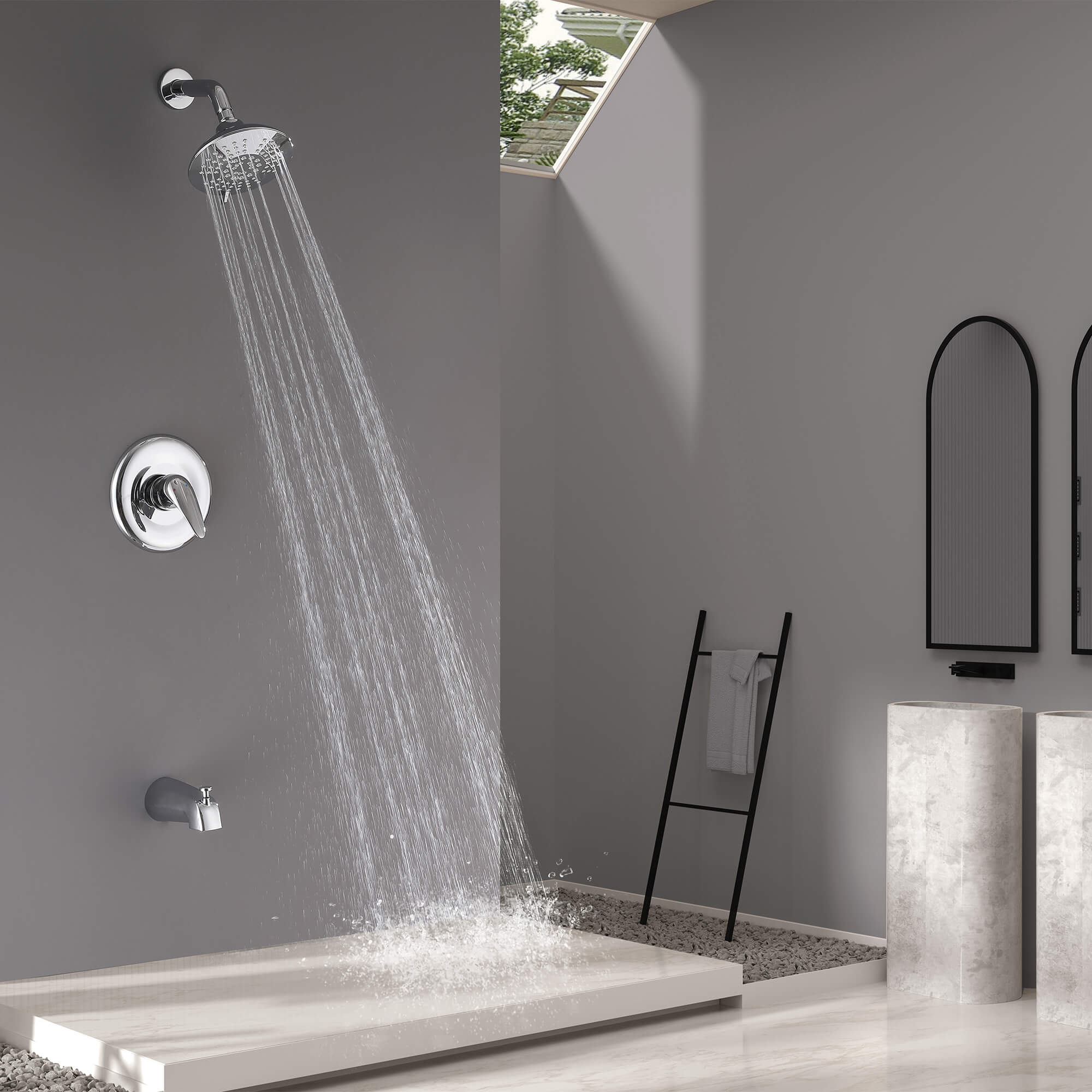 Modern Round Rain Shower System with 5-Function Spray and Integrated Tub Spout