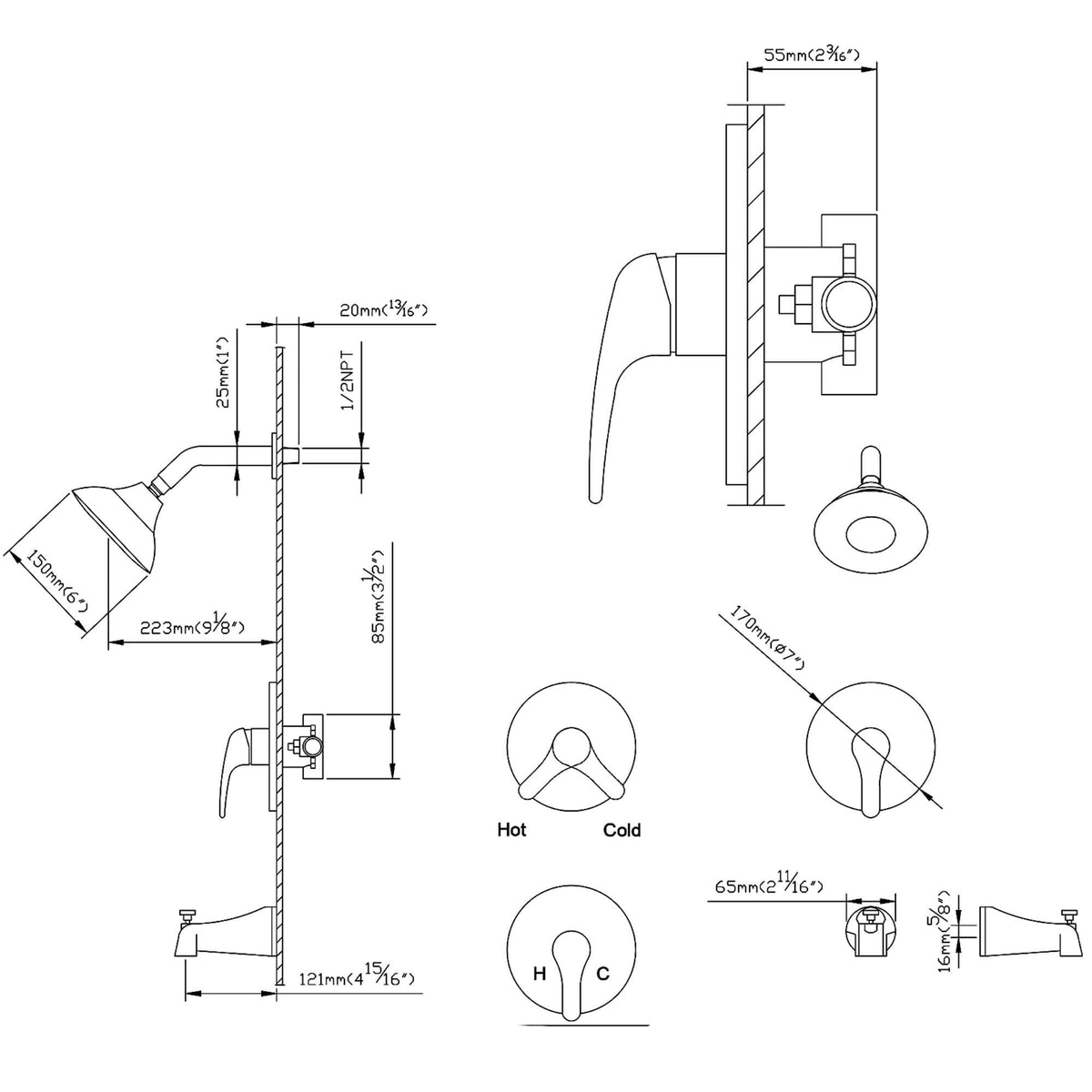 Modern Round Rain Shower System with 5-Function Spray and Integrated Tub Spout
