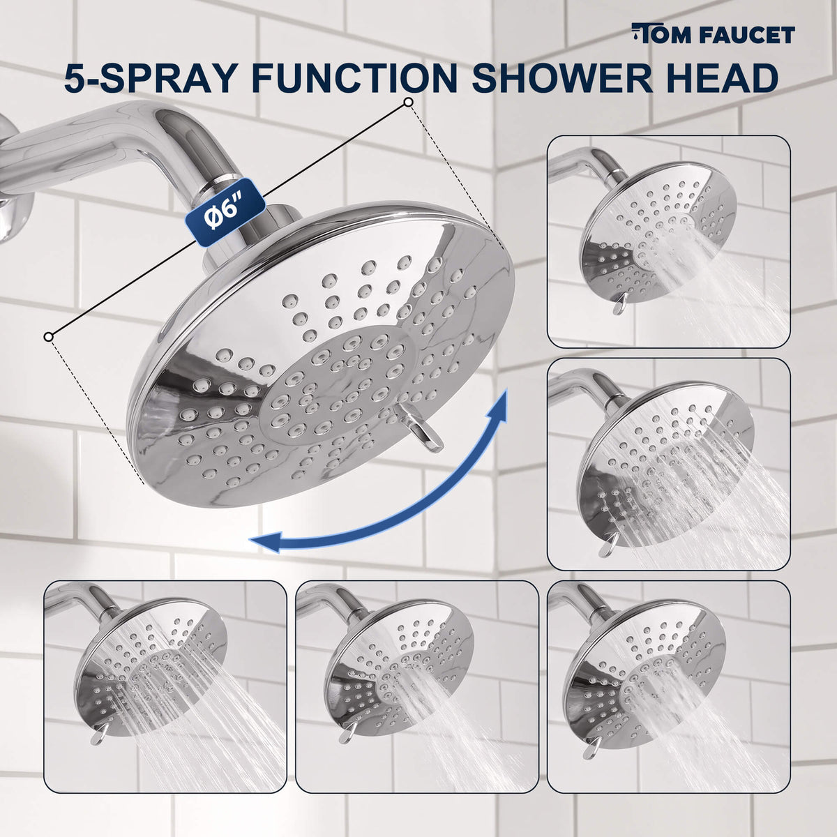Modern Round Rain Shower System with 5-Function Spray and Integrated Tub Spout
