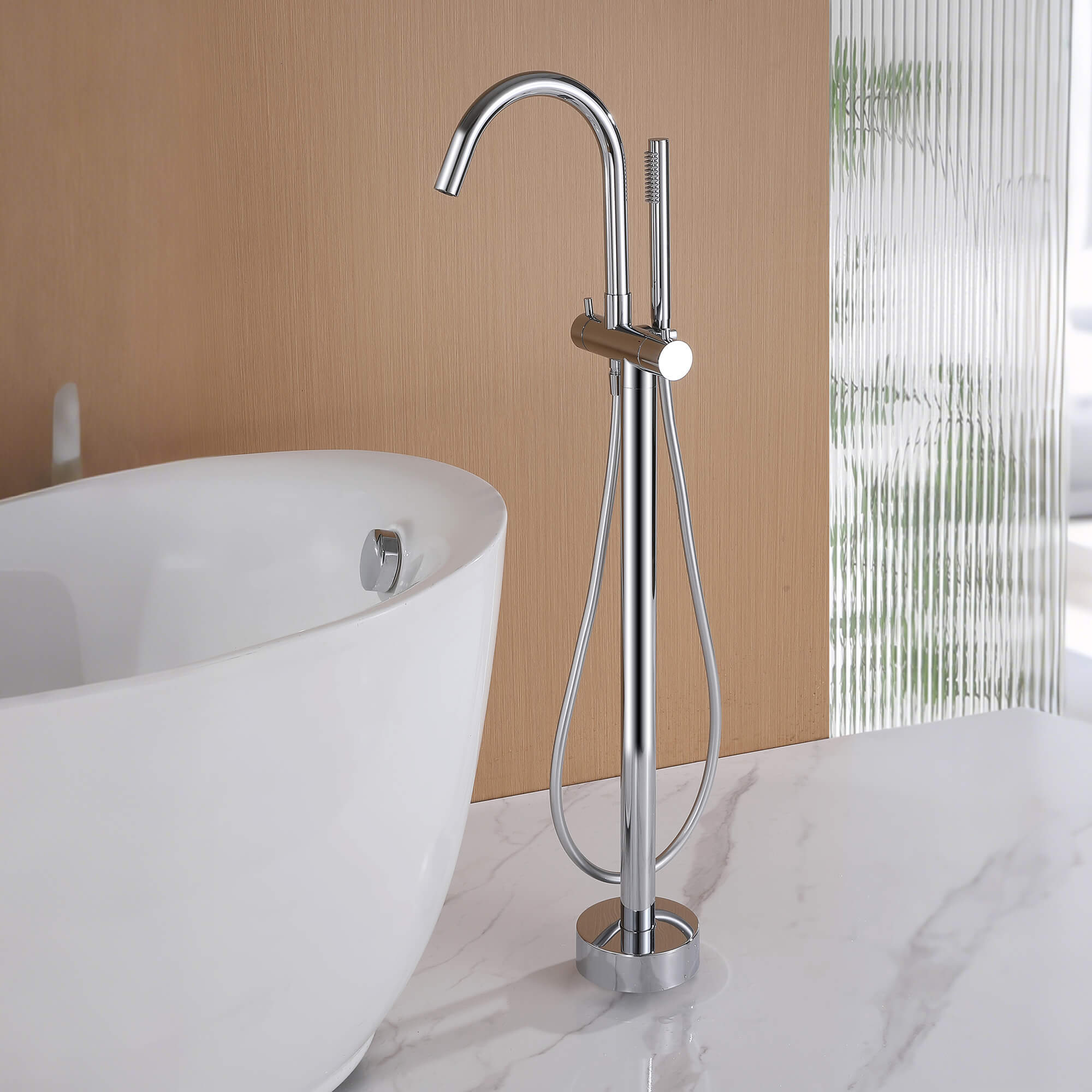316 Stainless Steel Gooseneck Freestanding Tub Faucet with Thermostatic Control & High-Flow Spout