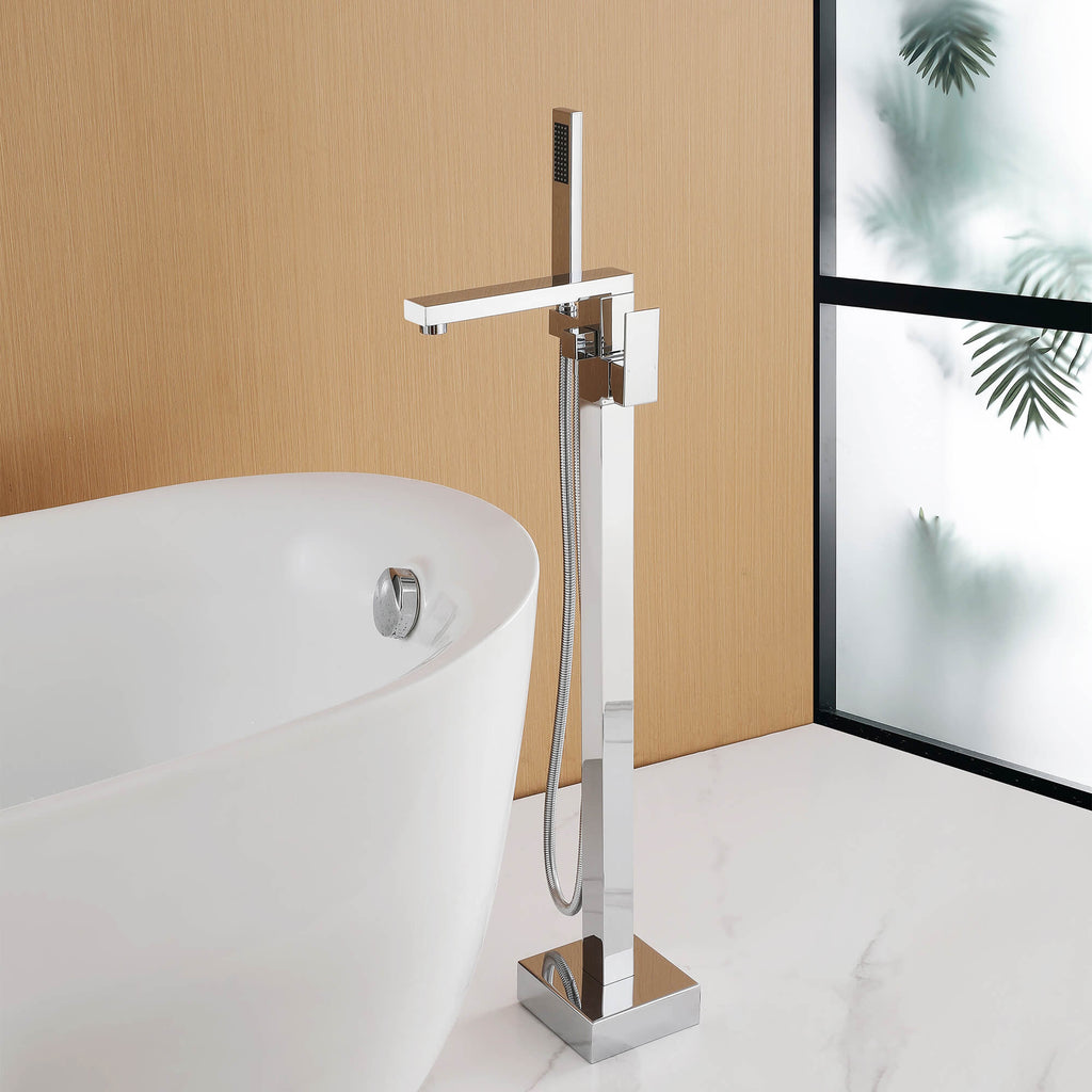 360° Swivel Cube Freestanding Tub Faucet with Hand Shower Single Handle