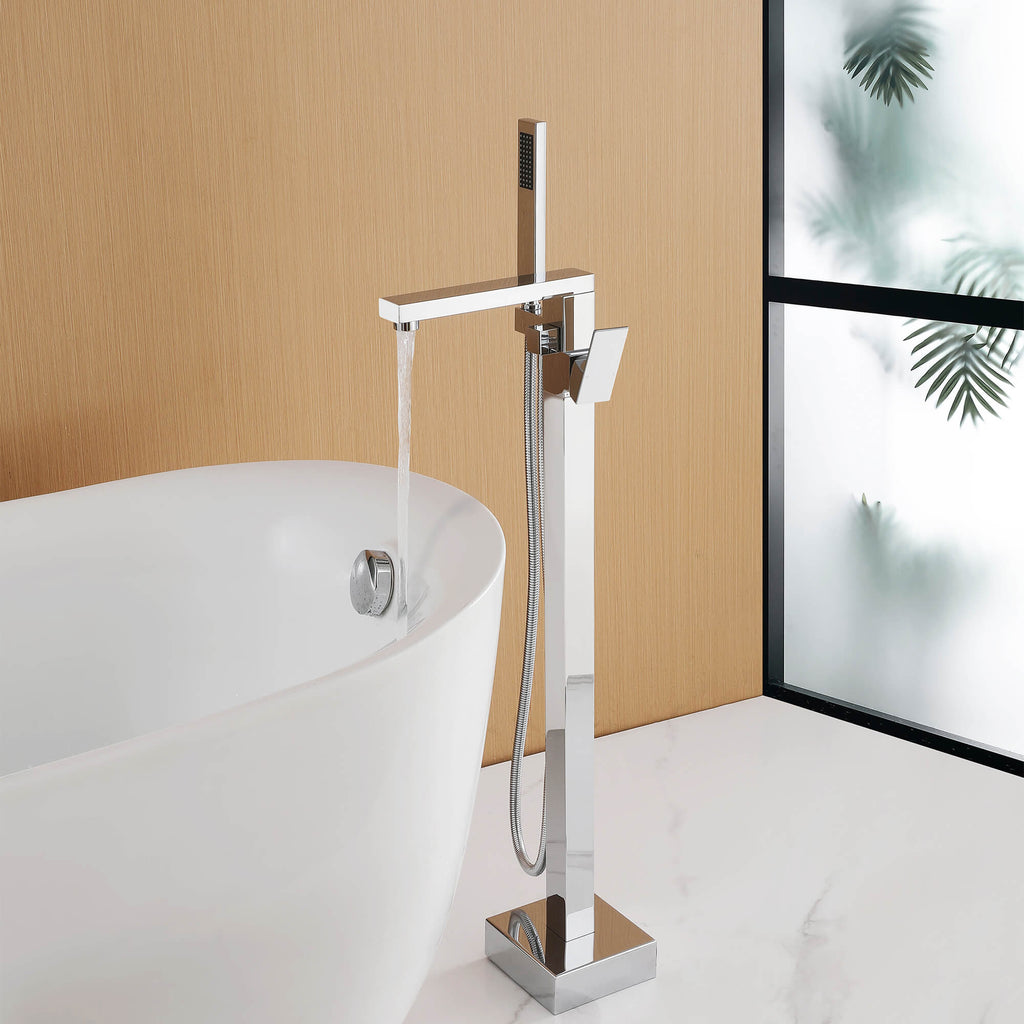 360° Swivel Cube Freestanding Tub Faucet with Hand Shower Single Handle