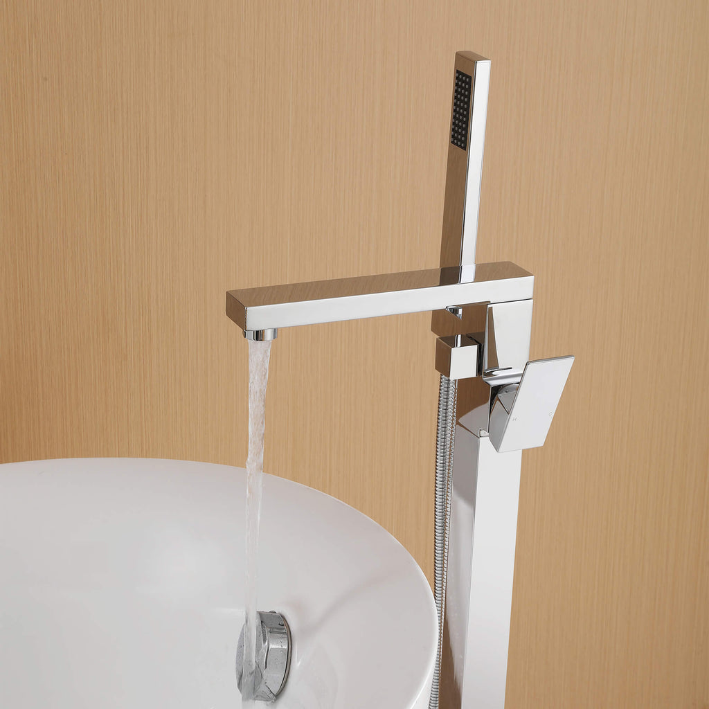 360° Swivel Cube Freestanding Tub Faucet with Hand Shower Single Handle