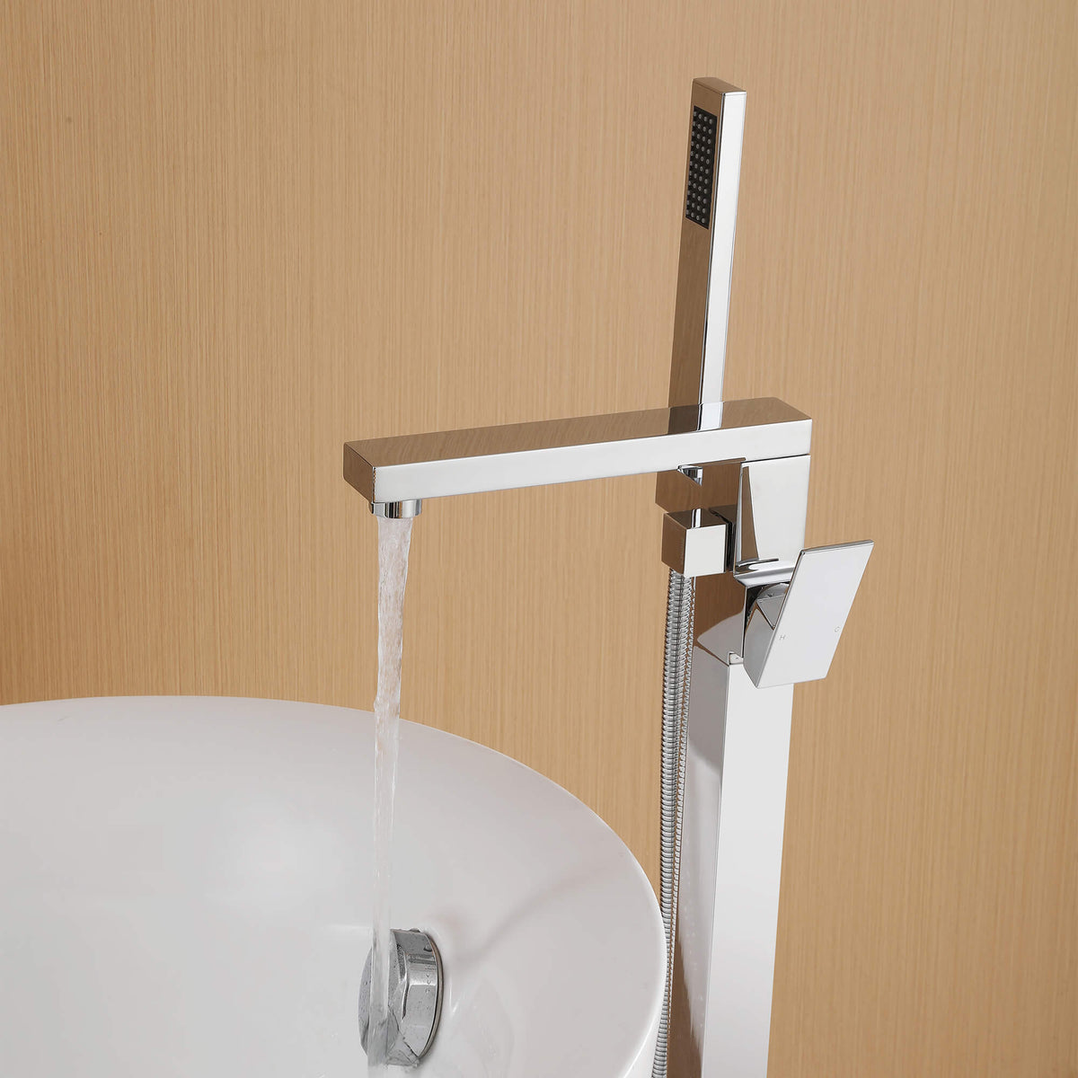 360° Swivel Cube Freestanding Tub Faucet with Hand Shower Single Handle