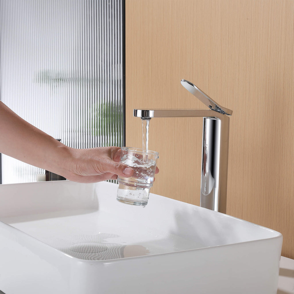 Tall Modern Minimalist Vessel Sink Faucet with Elongated Splash-Free Spout