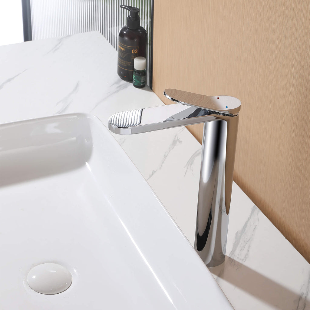 Tall Modern Minimalist Vessel Sink Faucet with Elongated Splash-Free Spout