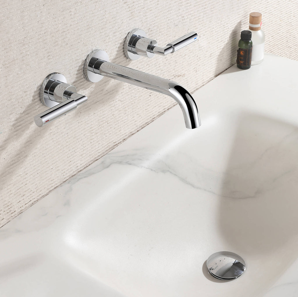 Wall-Mounted Bathroom Faucet with Drain Assembly Solid Brass 3-Piece Set
