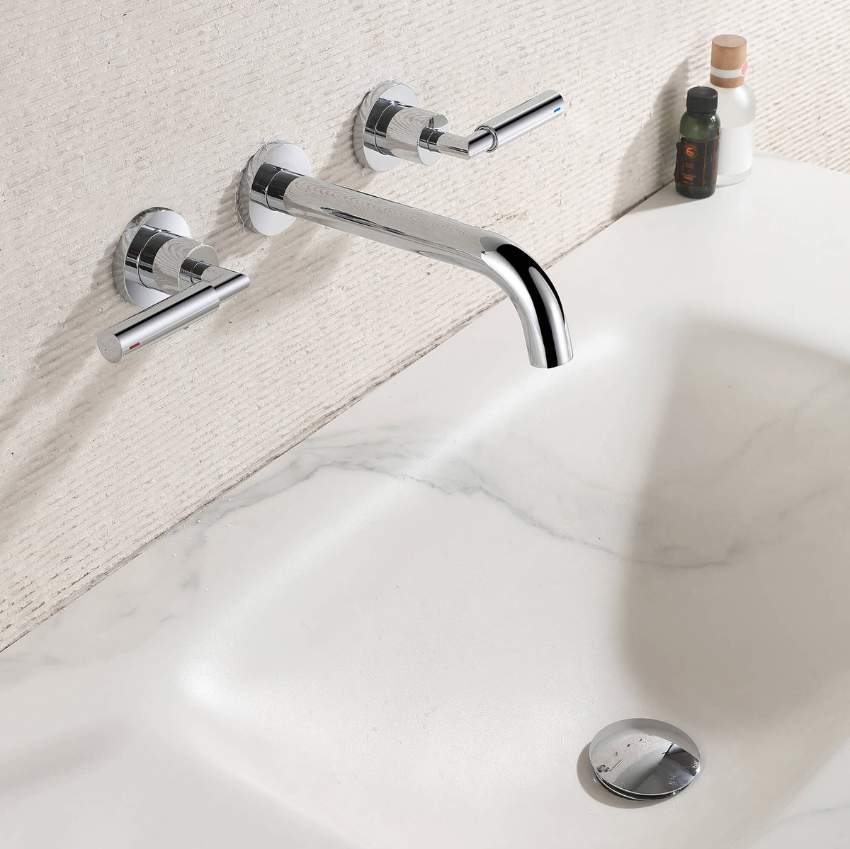 Wall-Mounted Bathroom Faucet with Drain Assembly Solid Brass 3-Piece Set