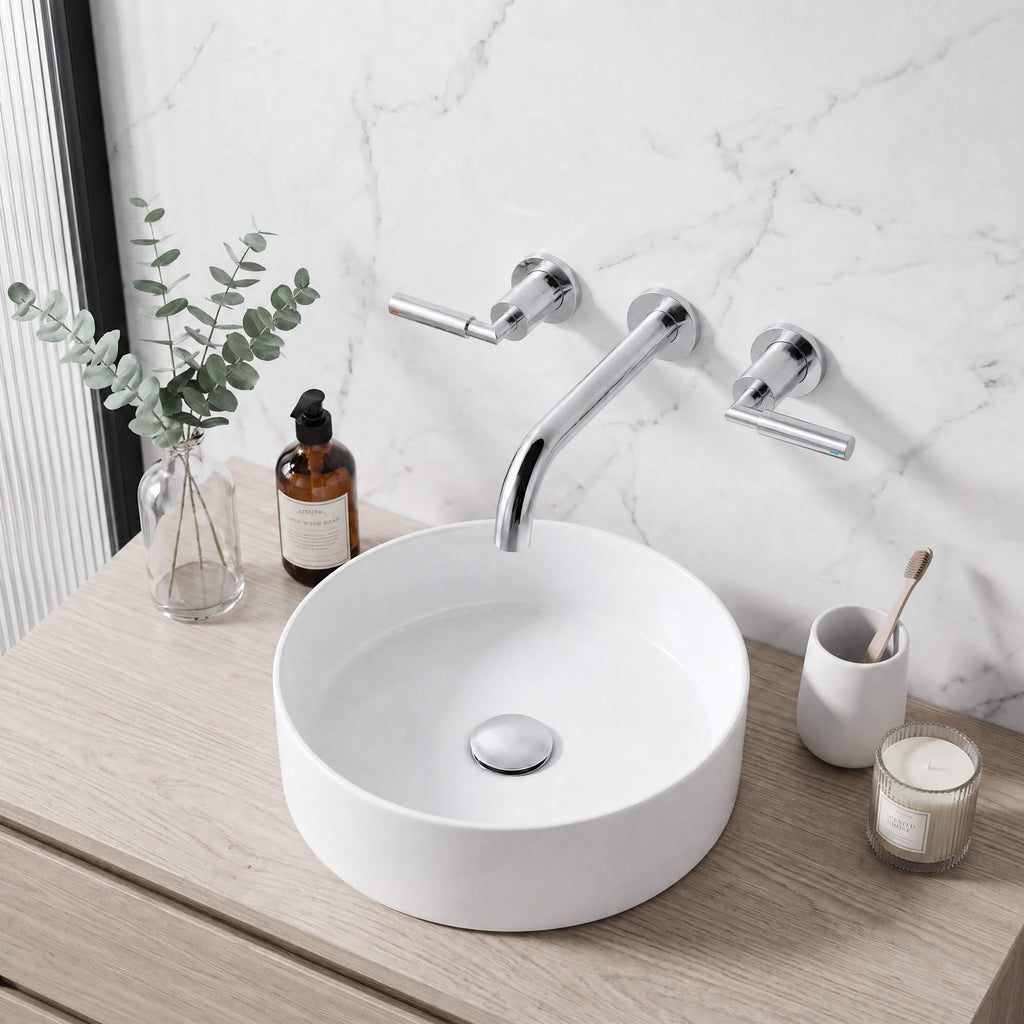 Wall-Mounted Bathroom Faucet with Drain Assembly Solid Brass 3-Piece Set
