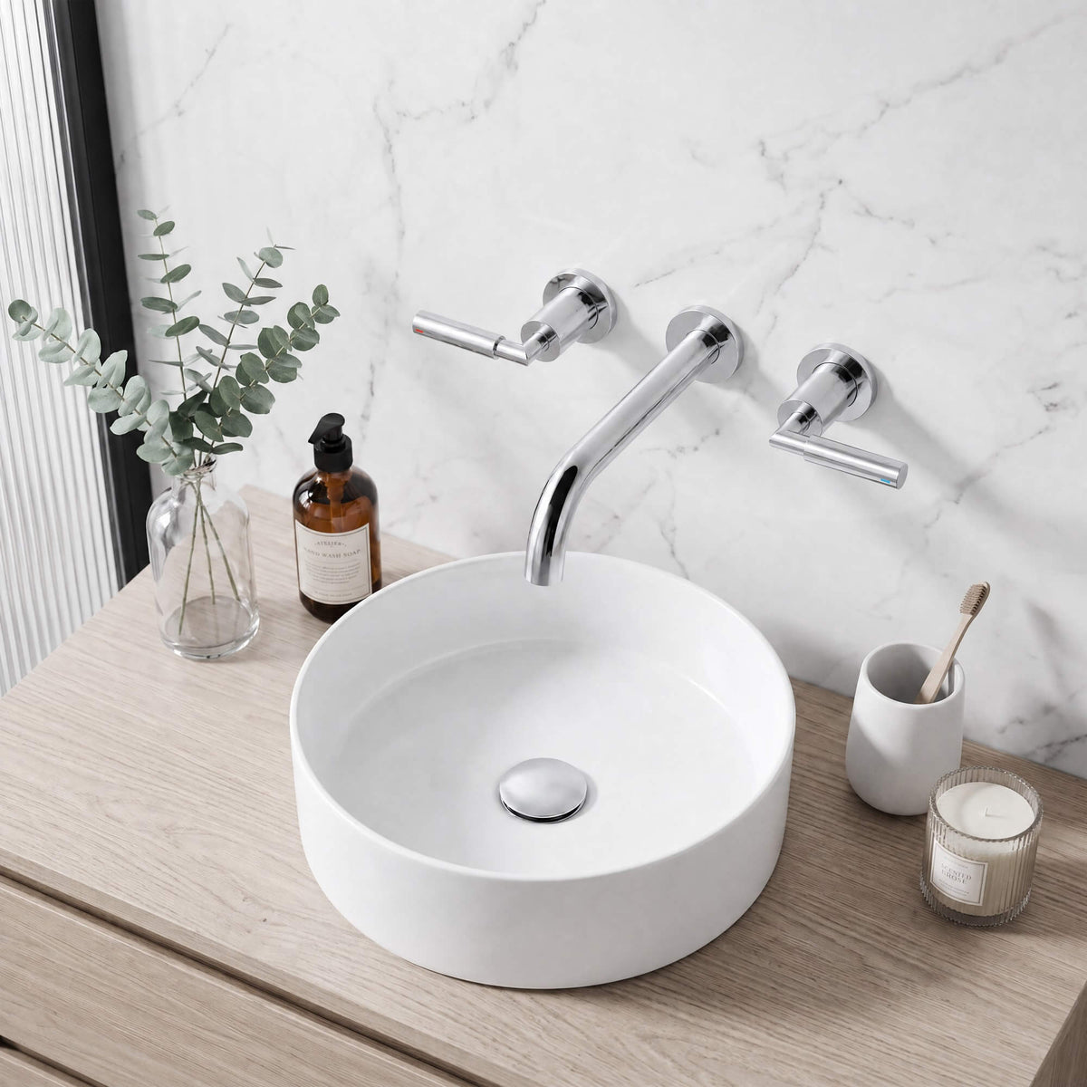 Wall-Mounted Bathroom Faucet with Drain Assembly Solid Brass 3-Piece Set