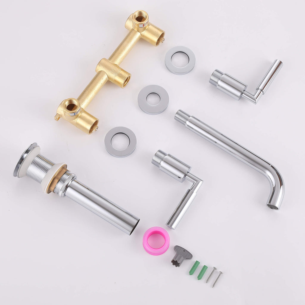 Wall-Mounted Bathroom Faucet with Drain Assembly Solid Brass 3-Piece Set
