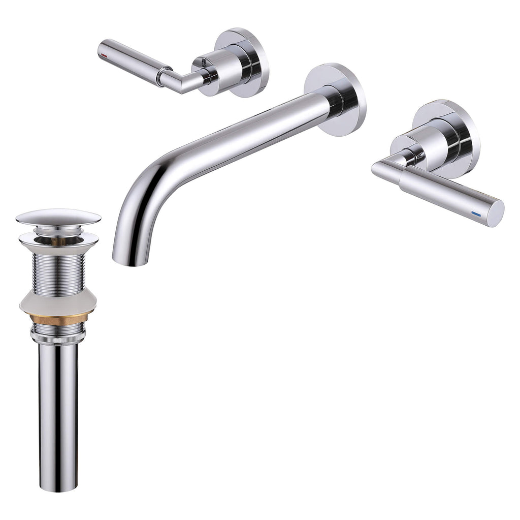 Wall-Mounted Bathroom Faucet with Drain Assembly Solid Brass 3-Piece Set