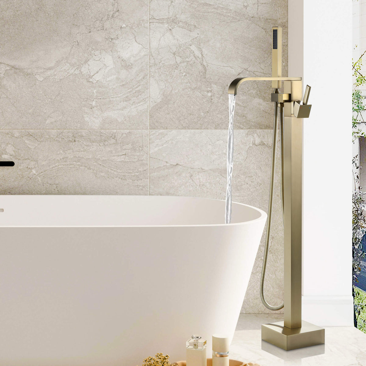 L-Shaped Waterfall Freestanding Tub Faucet with Hand Shower
