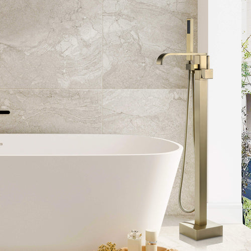 L-Shaped Waterfall Freestanding Tub Faucet with Hand Shower