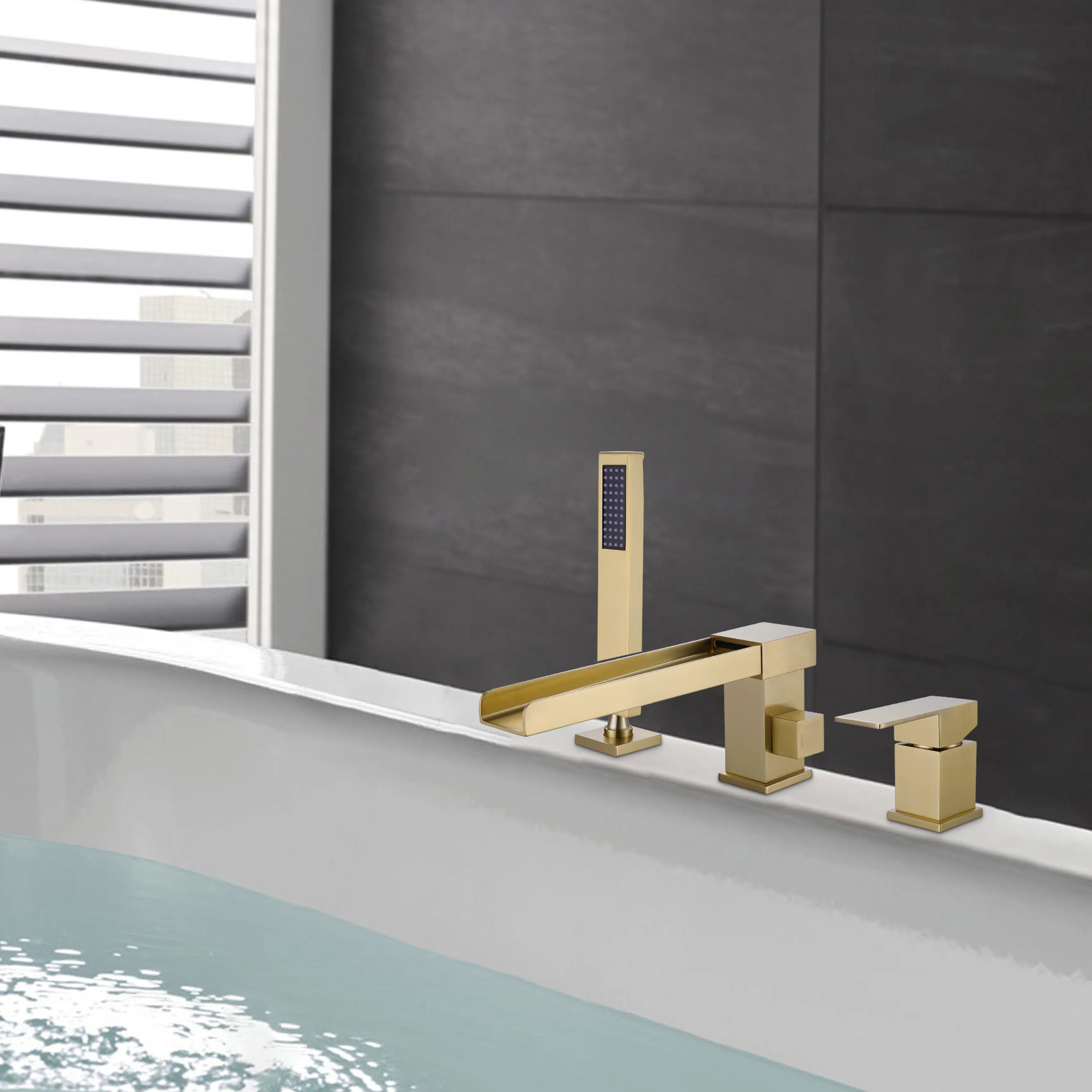 Brushed Gold Widespread Deck Mounted Bathtub Faucet With Hand Shower And Tub Spout