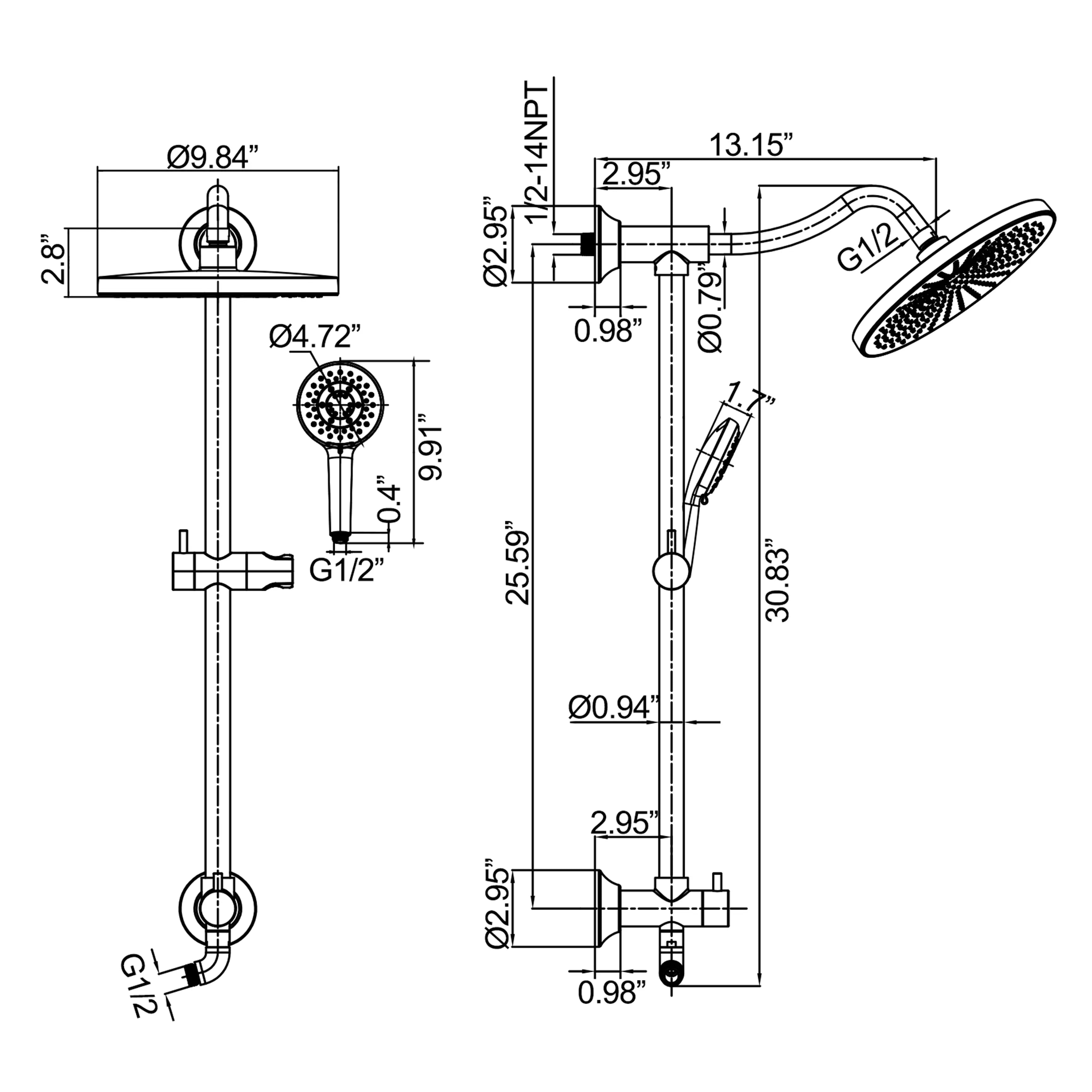 10" Rainfall Shower Head  5-Function Handheld Shower With Slide Bar in Matte Black  (Main Body Not Included)