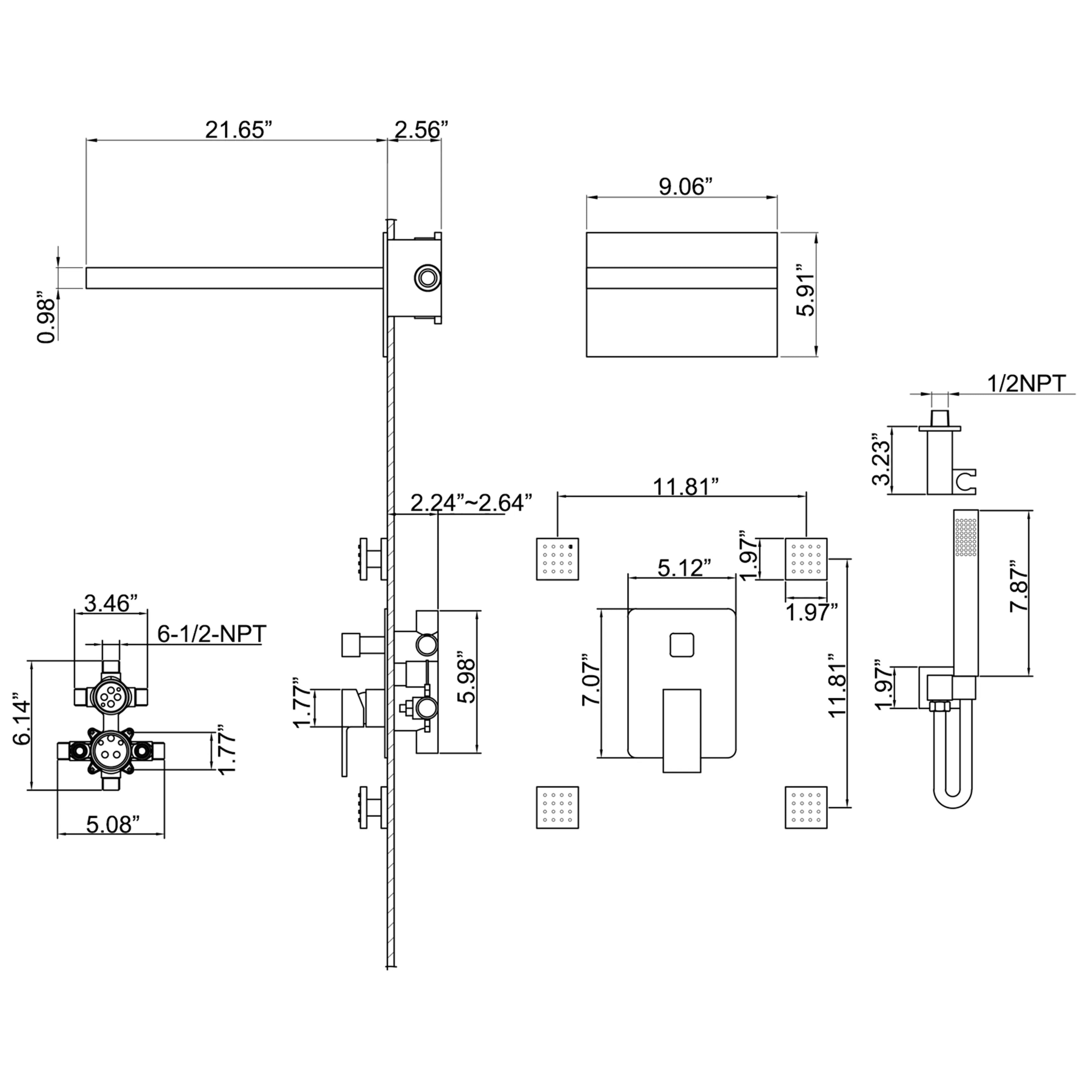 Matte Black 3 Function Wall Mount Bathroom Shower System With Body Jets