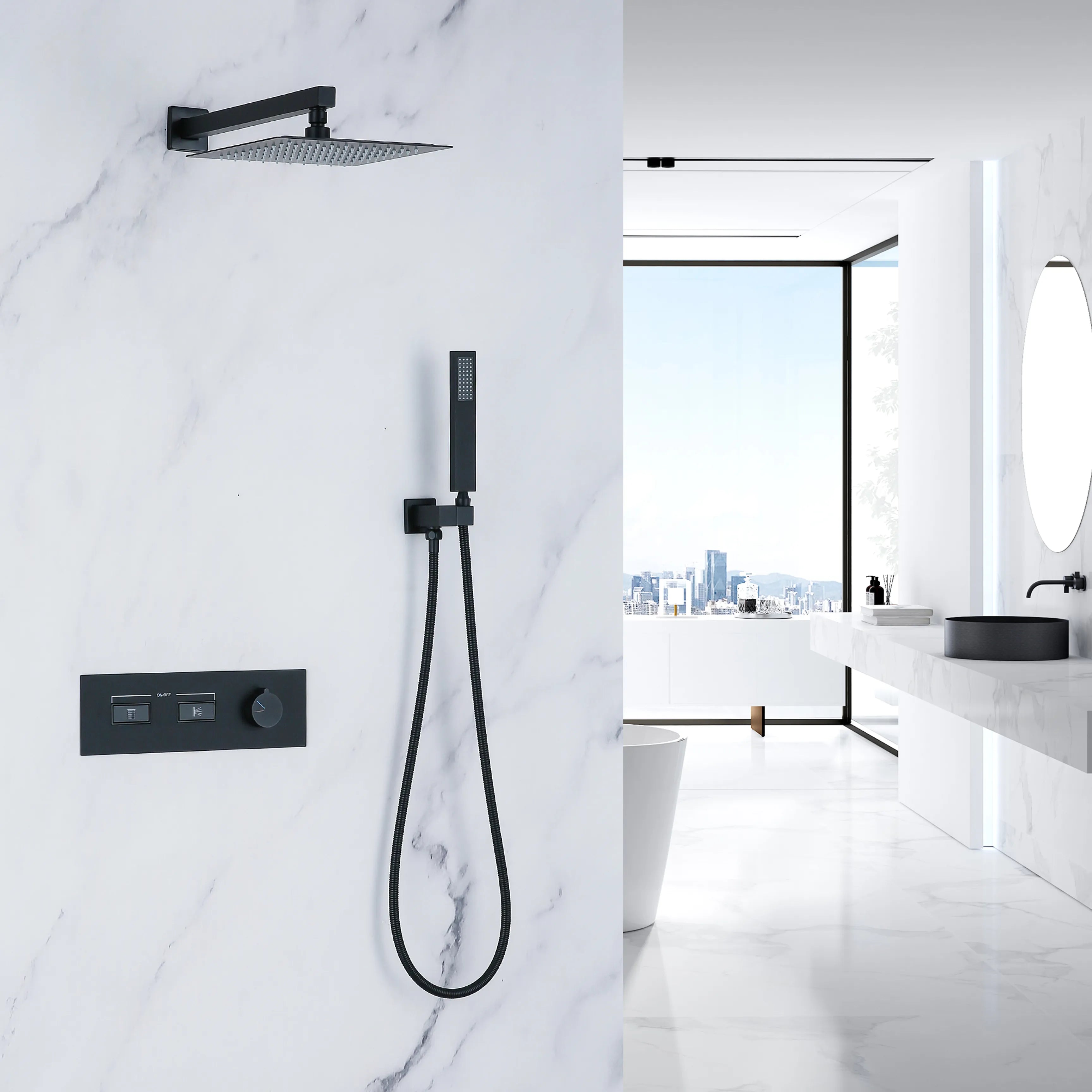 Matte Black Thermostatic Shower System with Rain Shower Head And Handheld Shower